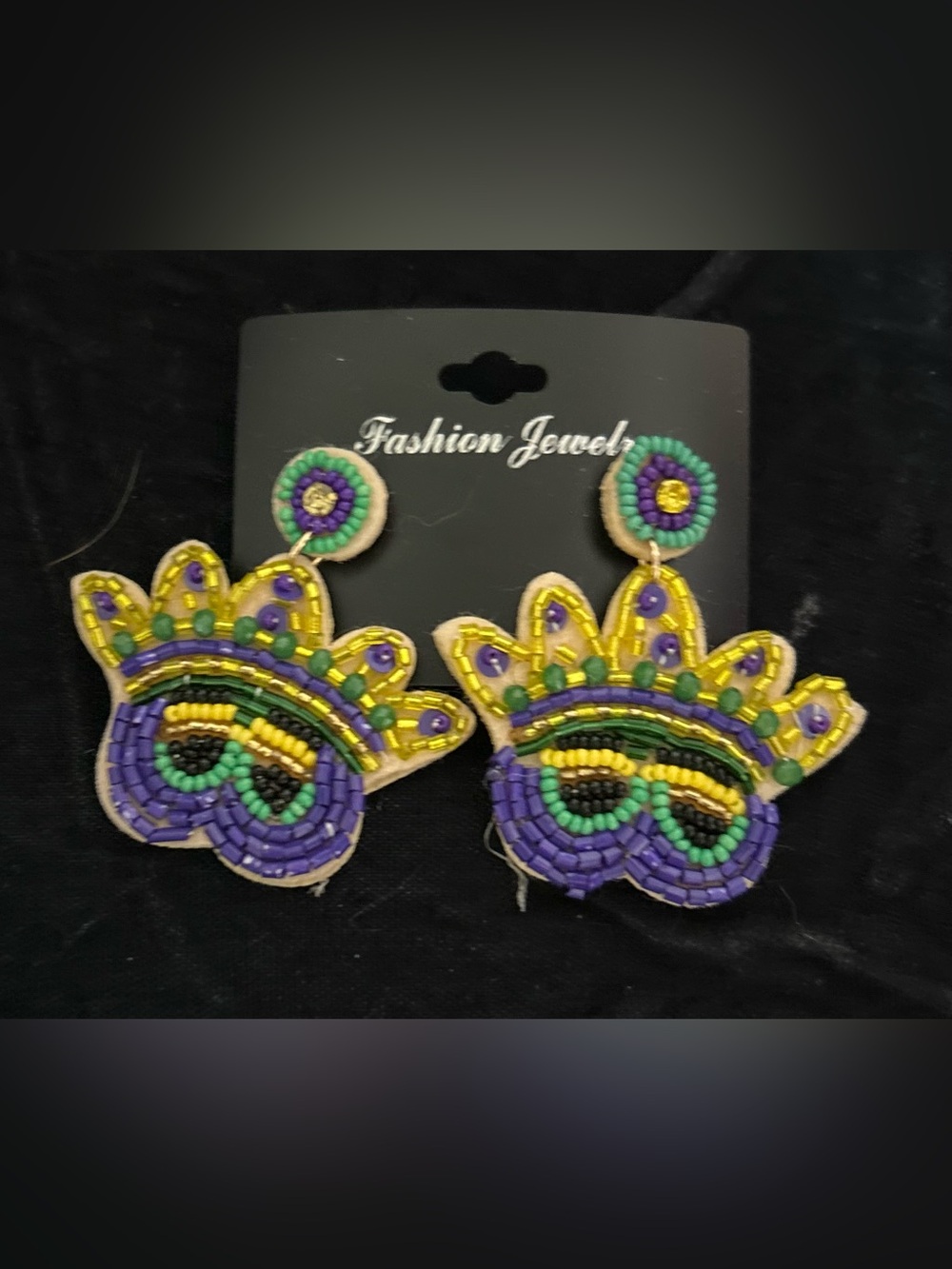 Mardi Gras Purple, Green & Gold Beaded Mask Drop Earrings